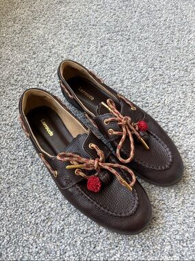 Larroude Dark Brown Leather Boat Shoes with Red Accent Laces